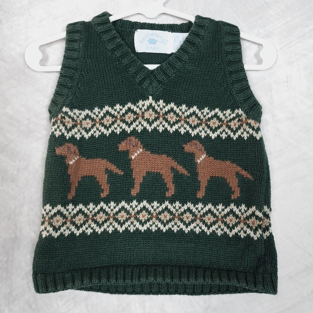 Vintage Hartstrings Sweater Vest Baby Boys 12M Green Fair Isle Dog Knit Y2K Cute